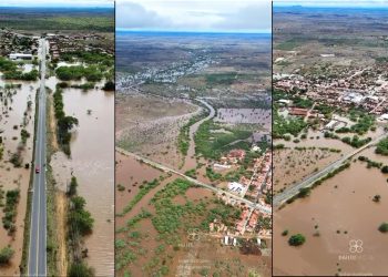 Rio Jacuípe no Distrito Santo Antônio transborda e imagem de drone mostra grande extensão de água