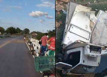 Motorista perde controle e caminhão carregado de frios vai parar dentro de riacho às margens da BA 416