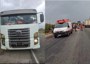 Dois homens morrem após colisão entre moto e caminhão na BR 324