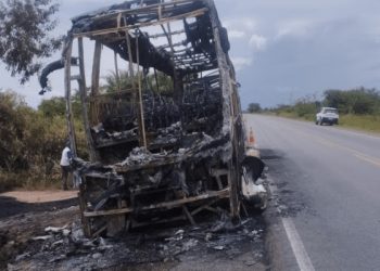 Ônibus é destruído pelo fogo na BR-324 próximo ao distrito Itatiaia