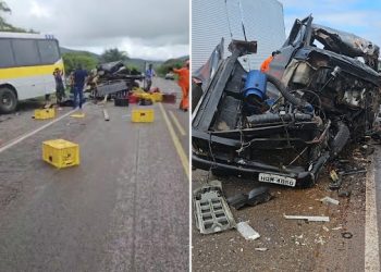 Grave acidente entre ônibus escolar e caminhonete deixa um morto e feridos na BR-324