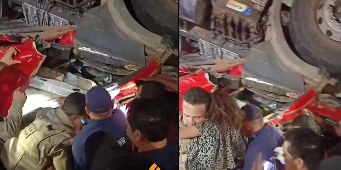 Casal morre e criança é resgatada com vida das ferragens em acidente com carreta na BR 116 Norte