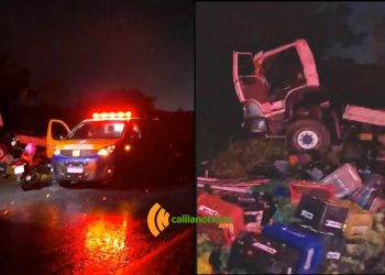 Motorista fica gravemente ferido após caminhão carregado com frutas capotar na BR-324