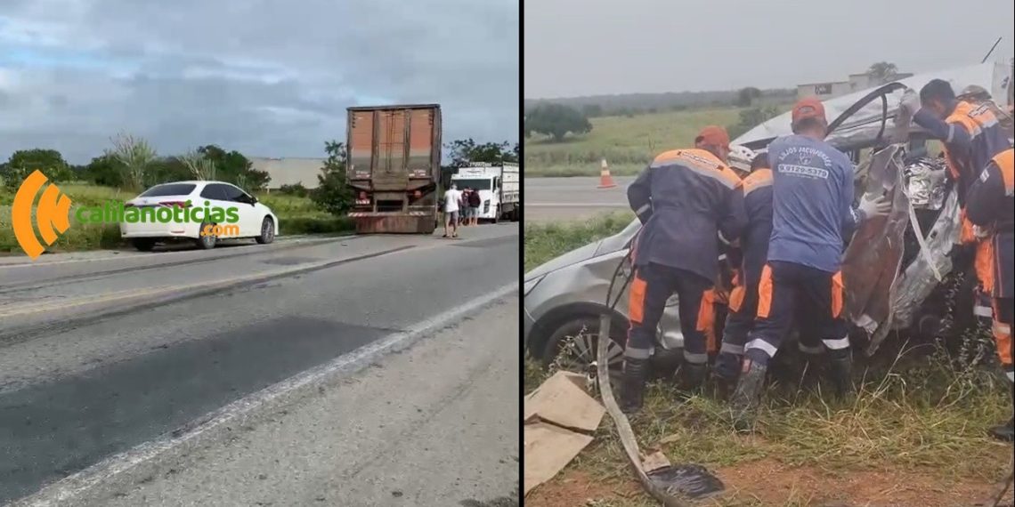 Colisão envolvendo carro de passeio e caminhão boiadeiro deixa três pessoas mortas e duas feridas quando retornavam de festa