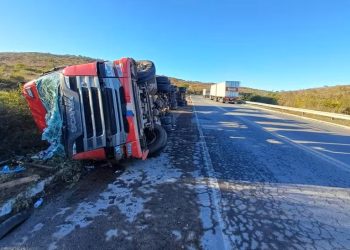 Mulher e bebê de 10 meses morrem e motorista fica ferido após carreta tombar na BR 116