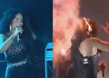 Fogo atinge cabelo de backing vocal da banda Limão com Mel