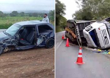 Caminhão tomba depois de atingir Gol na BA 131