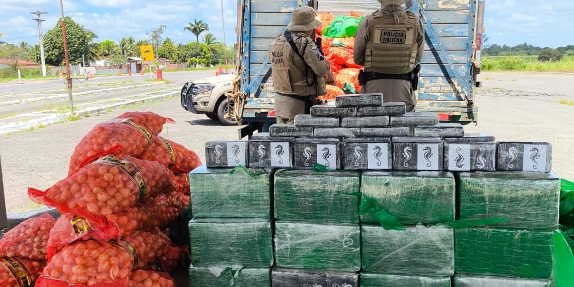 Batalhão Rodoviário da PM apreende mais de 500kg de cocaína na BA-502. Droga estava escondida em carga de cebola