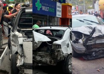 Caminhão descontrolado atinge sete veículos, incluindo viatura