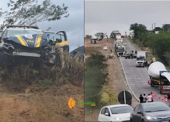 Acidente com viatura da PRF causa congestionamento na BR-116 Norte entre Serrinha e Santa Bárbara