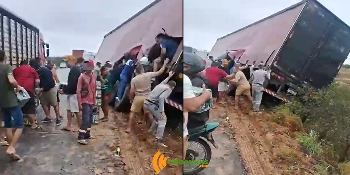 Caminhão carregado com cerveja é saqueado na BR-116 Norte mesmo sem tombar