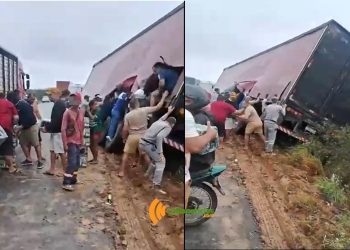 Caminhão carregado com cerveja é saqueado na BR-116 Norte mesmo sem tombar
