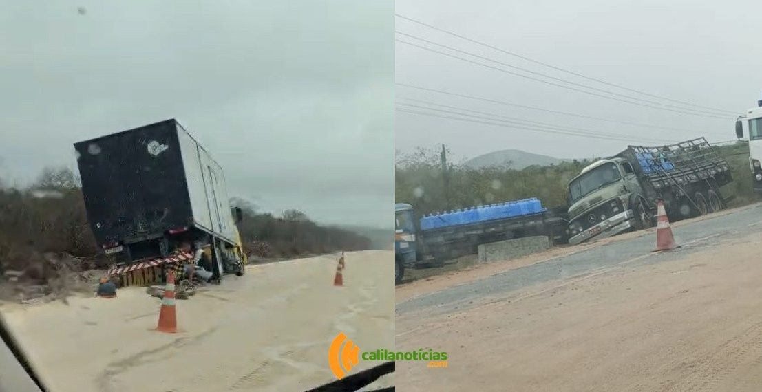 Chuvas expõem fragilidade no trecho paralisado da BA-120 e quase provocam tombamento de caminhões