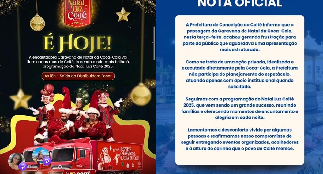 Prefeitura apaga o poste no Instagram chamando para o evento “Encantadora Caravana da Coca-Cola”, e publica uma nota afirmando que foi uma ação privada executada pela marca