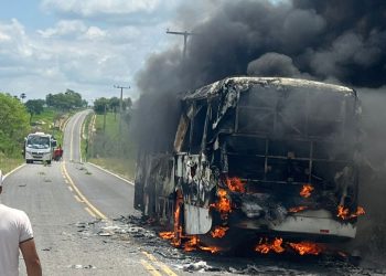 Ônibus pega fogo na pista de acesso ao distrito Cachoeira Grande
