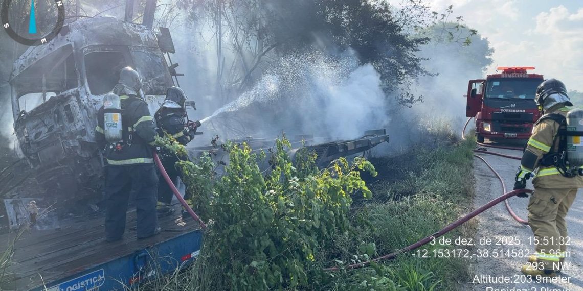 Caminhão pega fogo após travamento de roda e desce ribanceira na BR-101, próximo a Pedrão