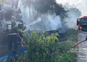 Caminhão pega fogo após travamento de roda e desce ribanceira na BR-101, próximo a Pedrão