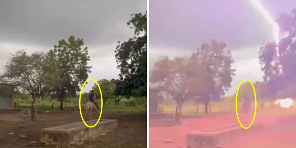 Cena impressionante: raio cai ao lado de homem montado a cavalo