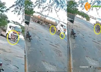 Vídeo – Dois jovens escapam praticamente ilesos após moto ser atingida por carreta na BR-116 Norte