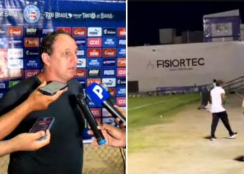 Torre de refletores desaba no Estádio Adauto Moraes durante entrevista de Rogério Ceni após Juazeirense x Bahia