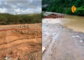Grande cratera é aberta pelas fortes chuvas na BA 220