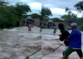 Aventura arriscada por pouco não termina em tragédia: jovem é arrastado por correnteza ao tentar atravessar sangradouro, de moto